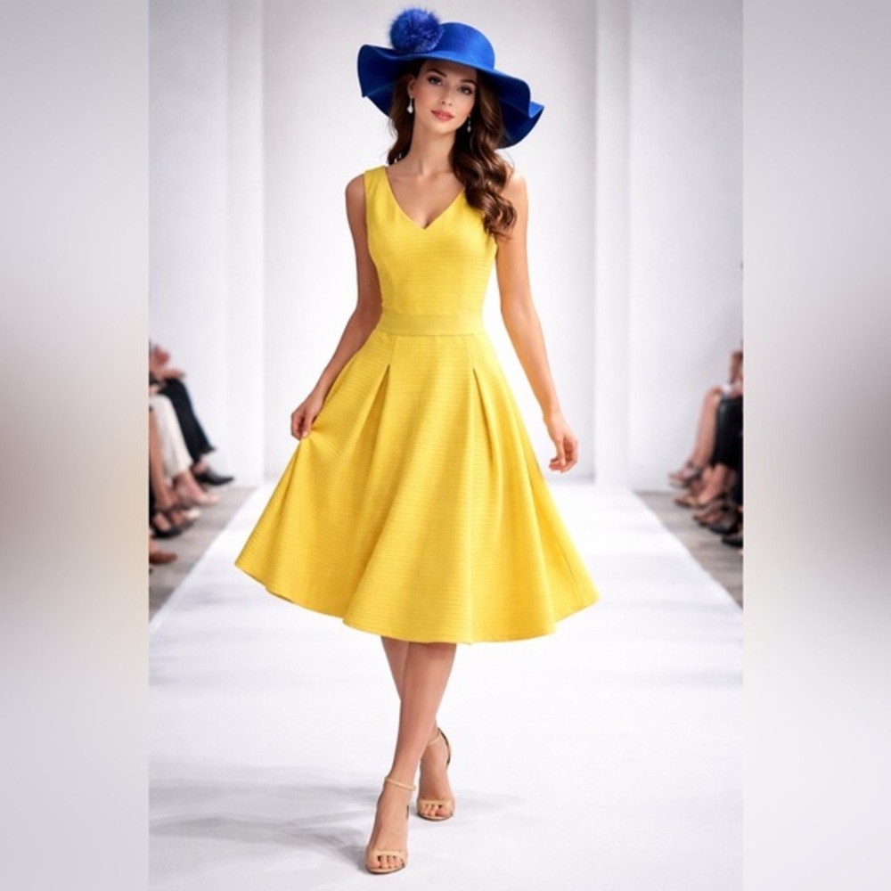 New York & Company Sunny Yellow V-Neck Midi Dress Size M